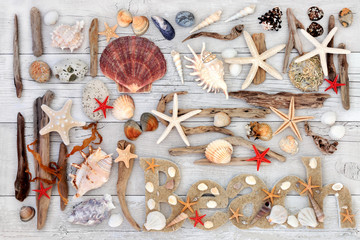 Abstract collage with beach sign, seashells, driftwood, seaweed and rocks on distressed white wood...