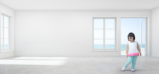 Funny asian child girl with sunglasses in empty sea view kids room of modern beach house - Interior 3d rendering