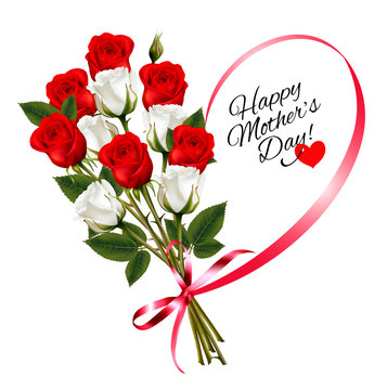 Red roses with a heart-shaped Happy Mother's Day note and red ribbon. Vector.