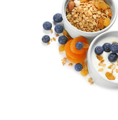 Composition with tasty yogurt on white background