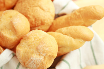 Different fresh bread loaves, closeup