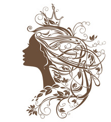 Princess Hairstyle. Girl with leafy hair vector silhouette illustration.