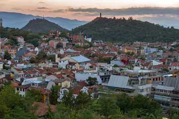 PLOVDIV, BULGARIA - SEPTEMBER 2 2016:  Sunset view of city of Plovdiv from Nebet tepe hill, Bulgaria