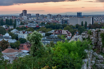 Fototapeta na wymiar PLOVDIV, BULGARIA - SEPTEMBER 2 2016: Sunset view of city of Plovdiv from Nebet tepe hill, Bulgaria