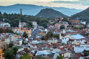 PLOVDIV, BULGARIA - SEPTEMBER 2 2016:  Sunset view of city of Plovdiv from Nebet tepe hill, Bulgaria
