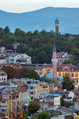 PLOVDIV, BULGARIA - SEPTEMBER 2 2016:  Sunset view of city of Plovdiv from Nebet tepe hill, Bulgaria