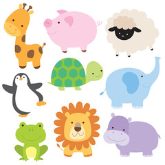 Vektorgrafik von niedlichen Tierbabys einschließlich Giraffe, Schwein, Schildkröte, Schaf, Pinguin, Elefant, Frosch, Löwe und Nilpferd.