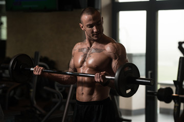 Fototapeta na wymiar Bodybuilder Exercising Biceps With Barbell In Gym