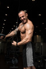 Fototapeta na wymiar Muscular Man Exercising Triceps On Machine