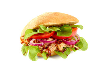 Sandwish with pulled pork, salad and tomato on white