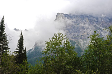 Fog lies over the mountains of Glacier National Park.