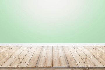 Empty room interior with soft green concrete wall and wood floor