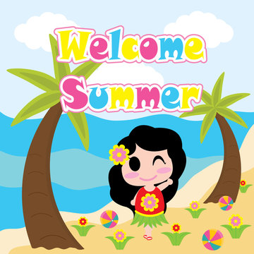 Cute girl is happy on beach vector cartoon, summer postcard, wallpaper, and greeting card, T-shirt design for kids