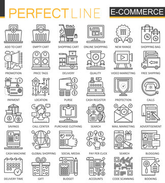 E-commerce stroke outline concept symbols. Perfect thin line icons. Shopping Modern linear style illustrations set.