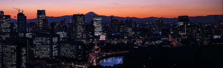 Tokyo cityscape with Mt. Fuji at dusk 