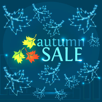 Vector autumn sale lettering label. Banner with hand drawn typography and leaves on modern background