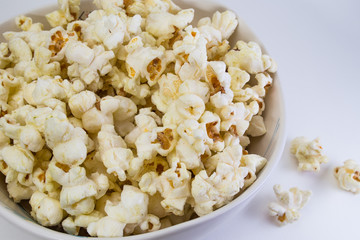 Popcorn in white bowl closeup image white background