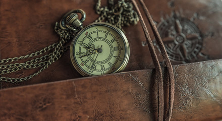 Vintage Watch Necklace On Brown Leather Wallet.