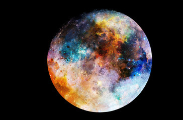 Cosmic space and moon. Collage on black background.