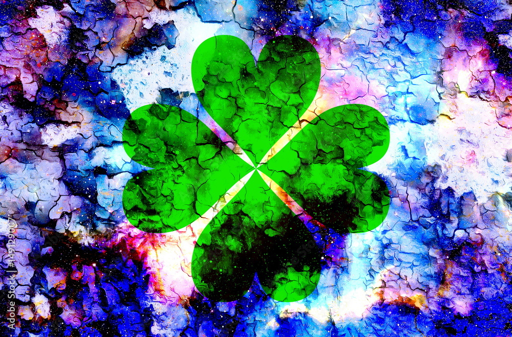 Poster four-leaf clover from heart and color cosmic abstract background and crackle effect.