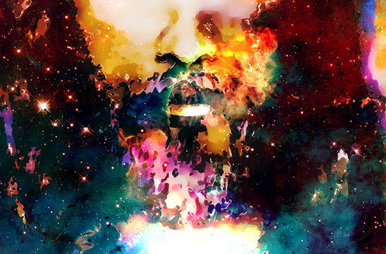 Detail of Jesus face in cosmic space. Computer collage version.