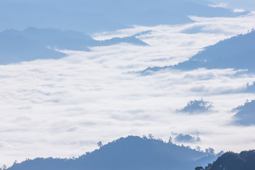 Morning Mist and Fog Moving Slowly From View Point in Sunrise Time at Doi Luang Chaing dao , High Mountain in Chiangmai , Thailand

