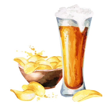 Beers and crisps. Watercolor hand drawn illustration