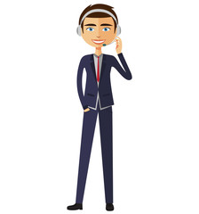 An operator man with headset customer service helpdesk service call center concept.