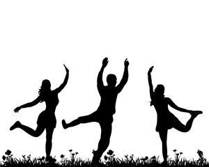  illustration of an isolated silhouette of a girl and guys dancing