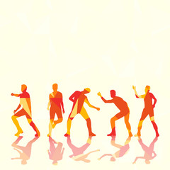  illustration of an isolated silhouette of a girl and guys dancing, colorful