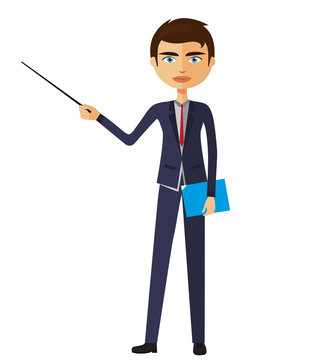 Businessman or teacher with a pointer flat cartoon illustration.