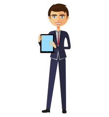 Businessman showing something important on the tablet flat cartoon illustration.
