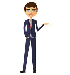 Businessman presents something flat cartoon illustration.
