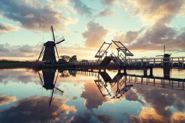 Landscape with tulips, traditional dutch windmills and houses near the canal in Zaanse Schans,...