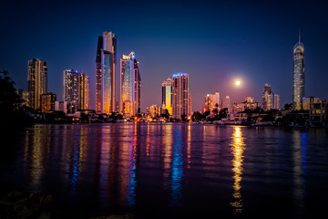 Moonrise at Sunset over Surfers Paradise