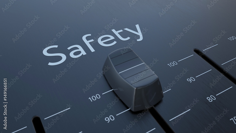 Poster sliding fader with safety inscription, macro. conceptual 3d rendering