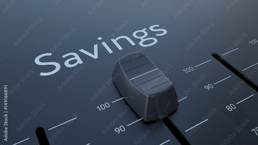 Poster sliding fader with savings inscription, macro. conceptual 3d rendering