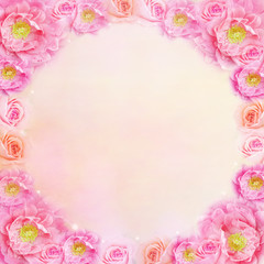 Pink roses flower round frame with copy space for text. Idea for wedding invitation card, love, valentine or any special events background 