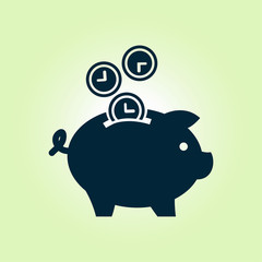 Time is money piggy bank icon. Flat design style.