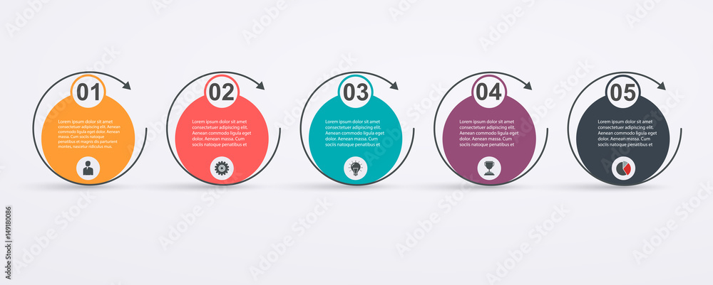 Poster infographic design template with 5 step structure and arrows. business success concept, pie chart li