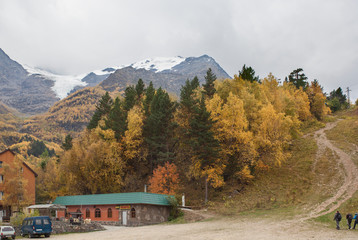 Заснеженные пики и ледник Чегет, осенний лес Приэльбрусья, желтые деревья и дорога уходящая в горы. Россия © pelatophoto