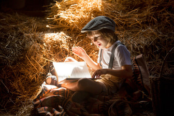 Sweet child, boy, reading a book on the attic on a house, sitting on a hay of straw