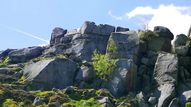 Rocky landscape dominates the skyline of Ilkley Moor, Yorkshire, UK.