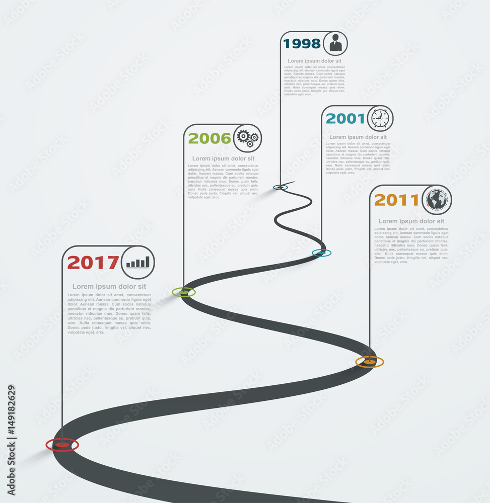 Poster road infographic with pointers, timeline with business icons. stepping structure development.