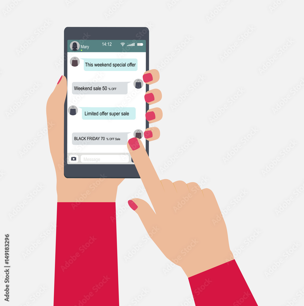 Poster hands holds mobile phone with messaging in app. concept of shopping in social network