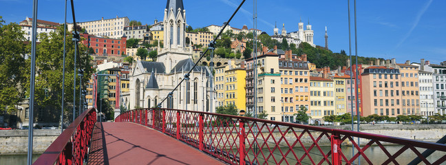 View of Lyon city from red footbridge