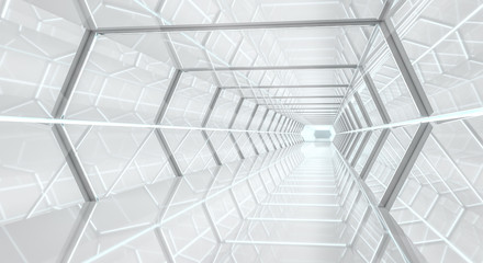 Naklejka premium Bright futuristic spaceship corridor 3D rendering