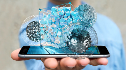 Businessman holding flying abstract sphere over mobile phone 3D rendering