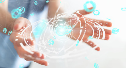 Businessman using flying network connection interface 3D rendering