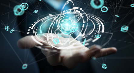 Businessman using flying network connection interface 3D rendering